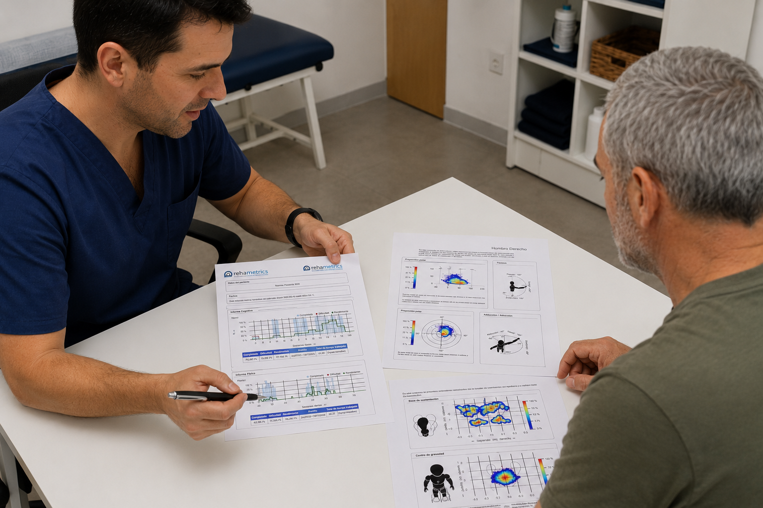 Profesional mostrando un informe de evolución de Rehametrics