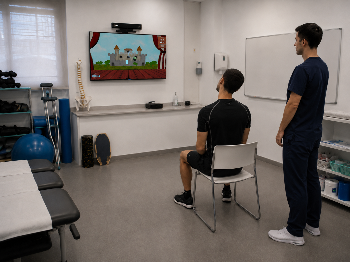 Physical therapist guiding a patient through different levels of spinal exercises using Rehametrics