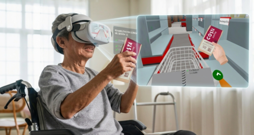 Paciente en silla de ruedas usando Rehametrics VR en un entorno de supermercado virtual