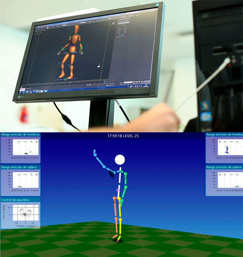 Paciente realizando rehabilitación física con Rehametrics y datos de evolución